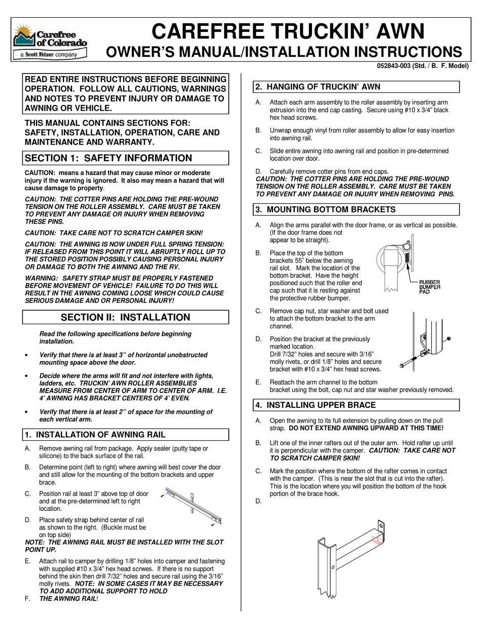 CAREFREE OF COLORADO TRUCKIN' AWN OWNER'S MANUAL/INSTALLATION