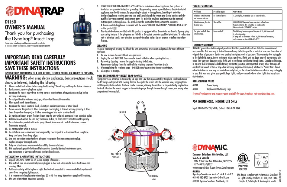 DYNATRAP DT150 OWNER