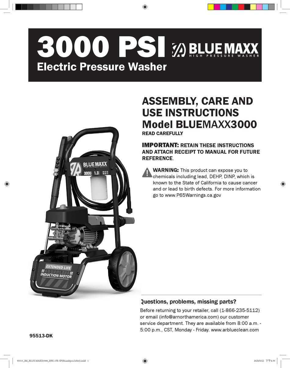 AR BLUEMAXX 3000 ASSEMBLY, CARE AND USE INSTRUCTIONS Pdf Download