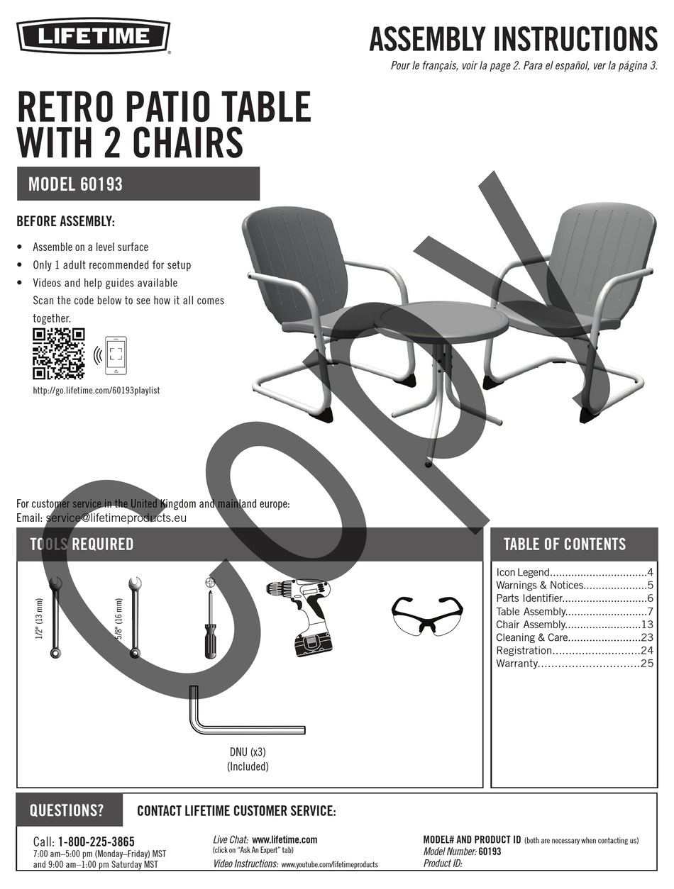 LIFETIME RETRO PATIO 60193 ASSEMBLY INSTRUCTIONS MANUAL Pdf Download ManualsLib