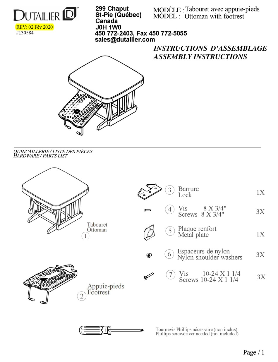 Dutailier 130584 assembly instructions pdf download manualslib