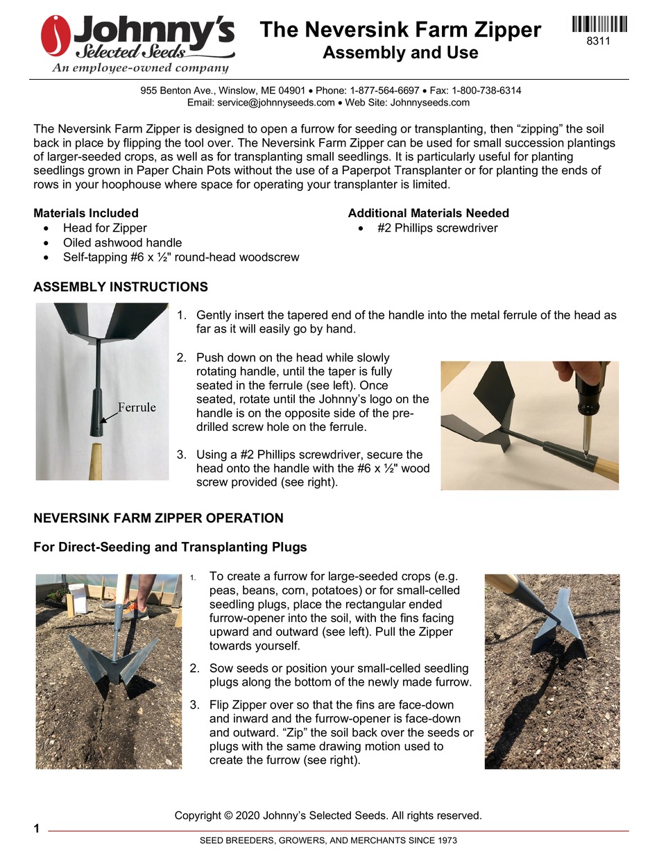 JOHNNY'S SELECTED SEEDS THE NEVERSINK FARM ZIPPER ASSEMBLY AND USE Pdf