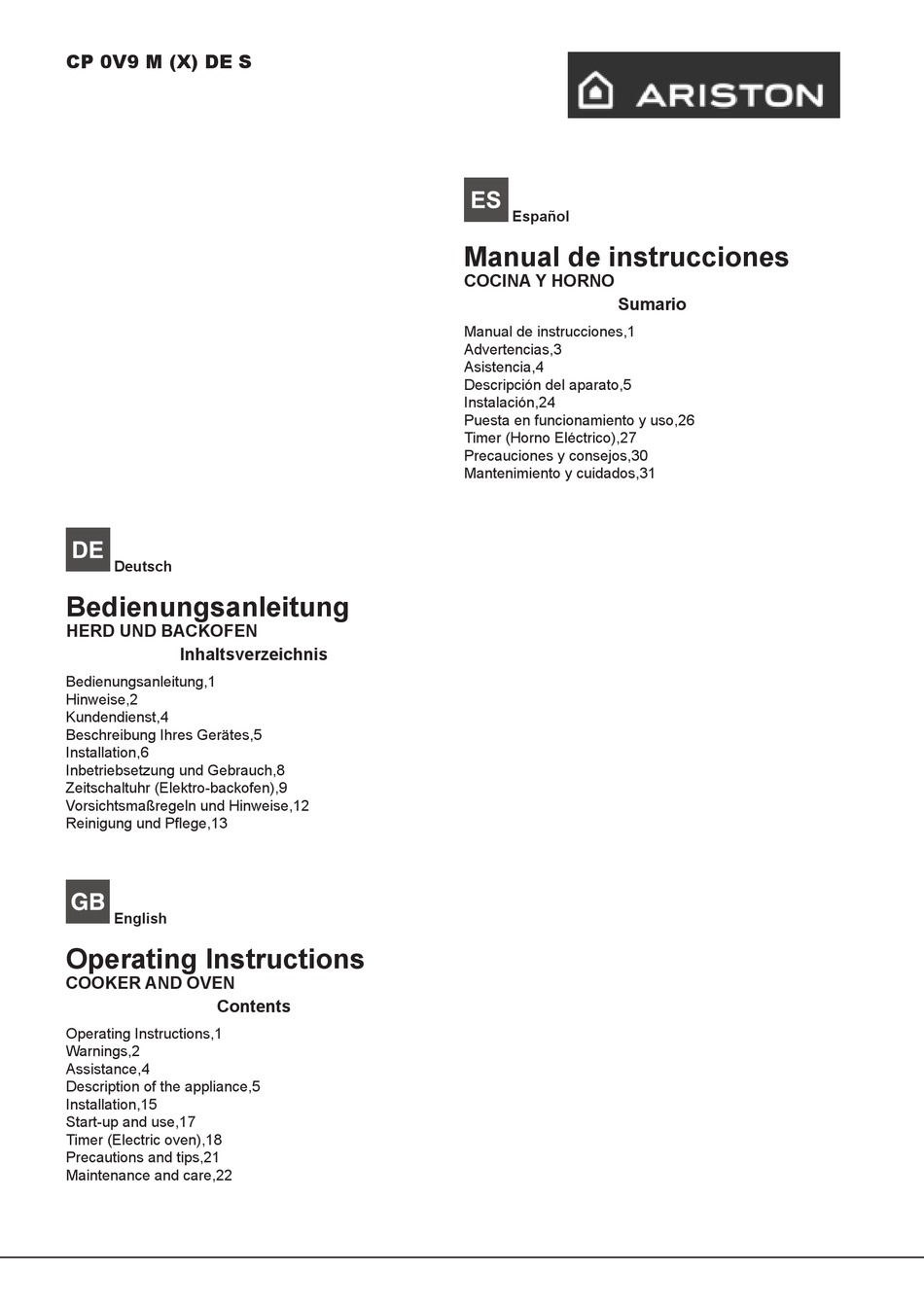 ARISTON CP 0V9 M (X) DE S OPERATING INSTRUCTIONS MANUAL Pdf Download |  ManualsLib