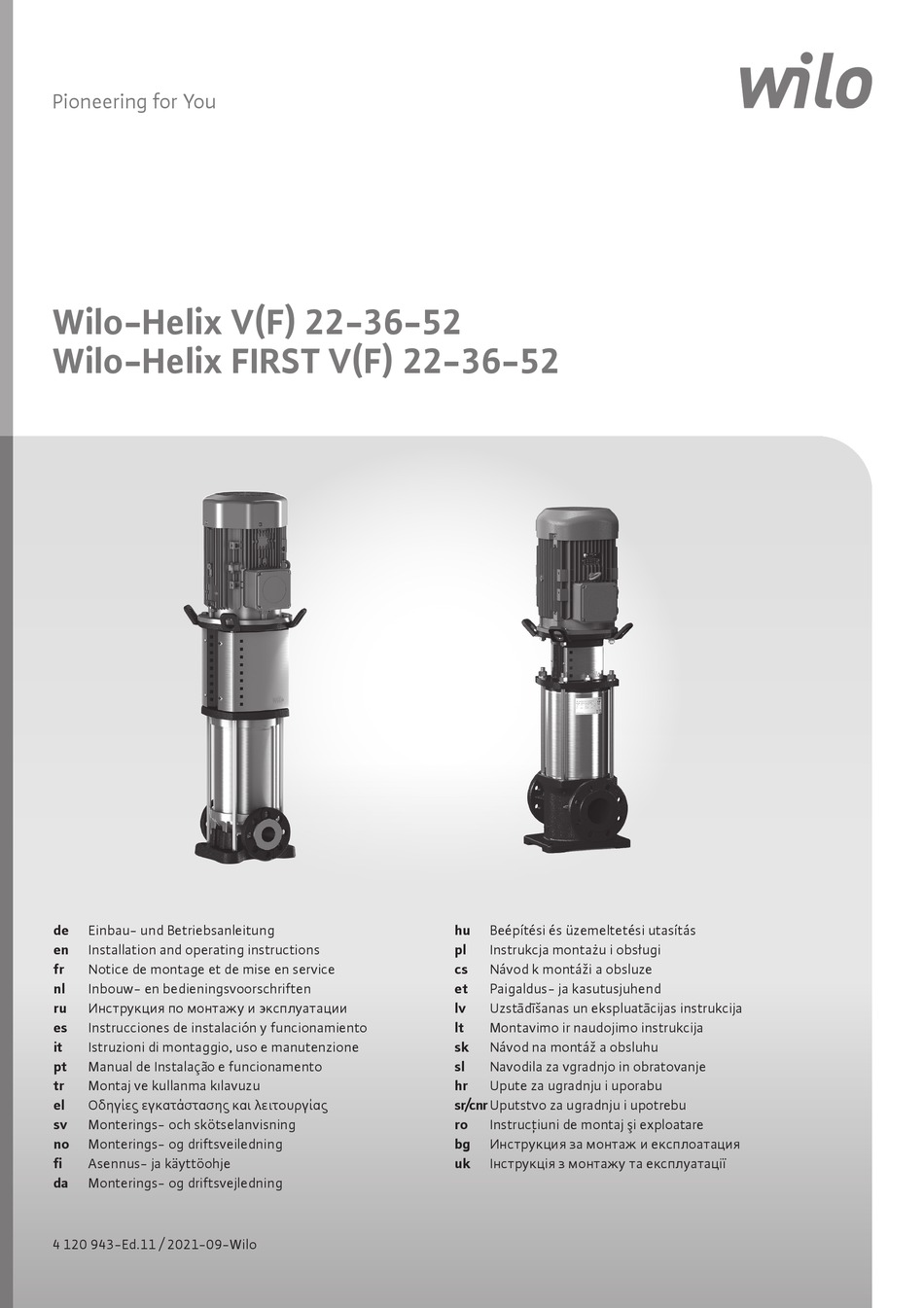 WILO HELIX V 22 INSTALLATION AND OPERATING INSTRUCTIONS MANUAL Pdf