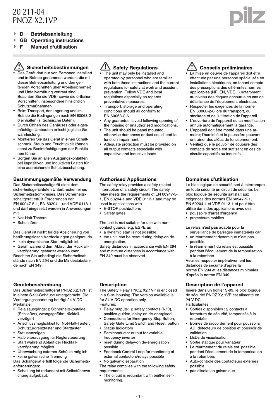 PILZ PNOZ X2.1VP OPERATING INSTRUCTIONS MANUAL Pdf Download | ManualsLib