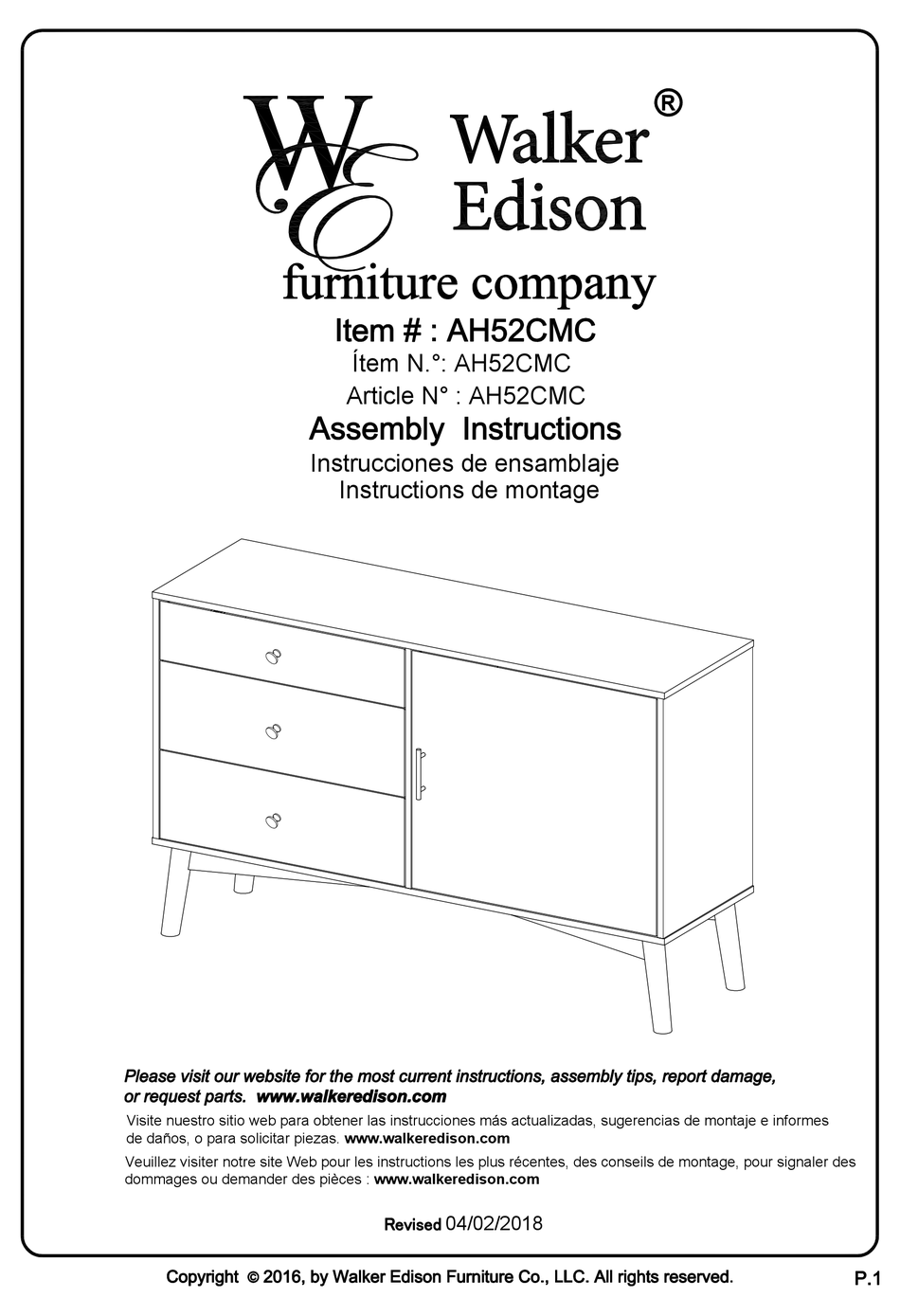 WALKER EDISON AH62CMC ASSEMBLY INSTRUCTIONS MANUAL Pdf Download ManualsLib