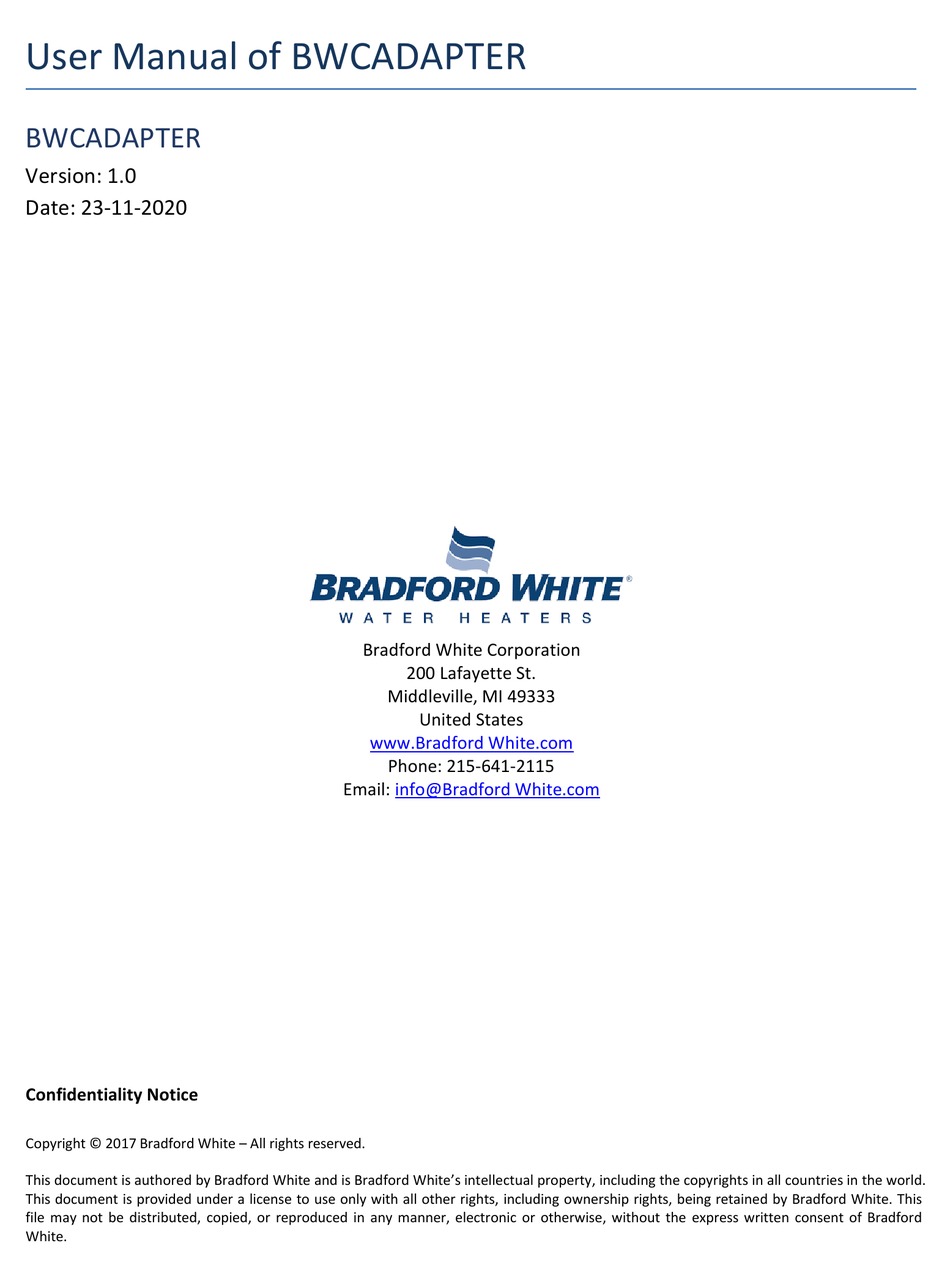 BRADFORD WHITE BWCADAPTER USER MANUAL Pdf Download ManualsLib