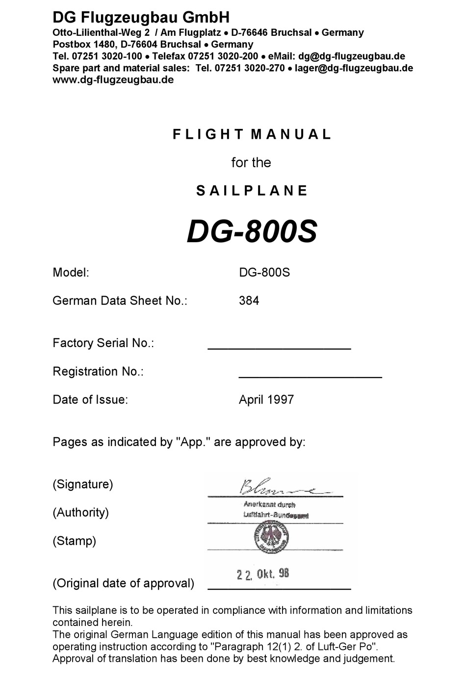 DG FLUGZEUGBAU DG 800S FLIGHT MANUAL Pdf Download ManualsLib