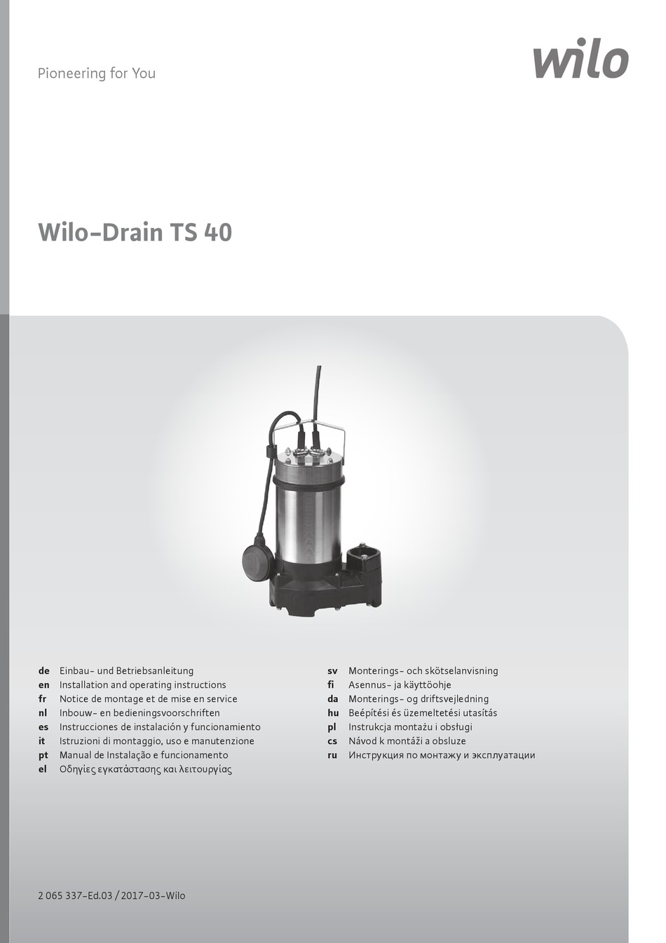 WILO DRAIN TS 40 INSTALLATION AND OPERATING INSTRUCTIONS MANUAL Pdf ...