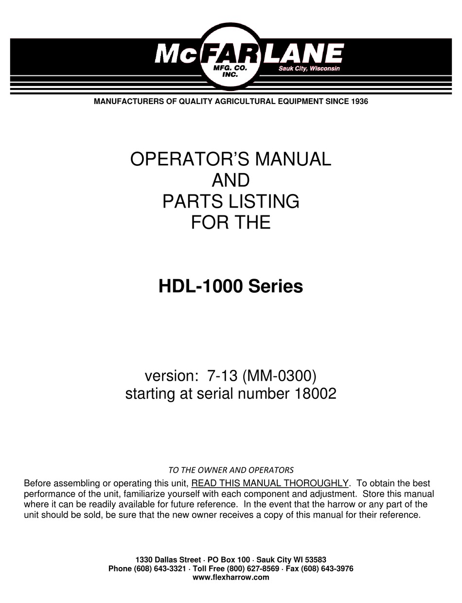 MCFARLANE HDL1000 SERIES OPERATOR