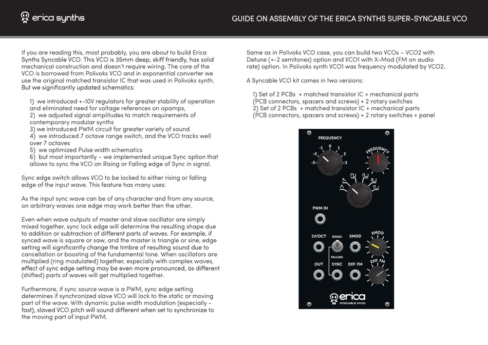 ERICA SYNTHS SUPERSYNCABLE VCO MANUAL ON ASSEMBLY Pdf Download