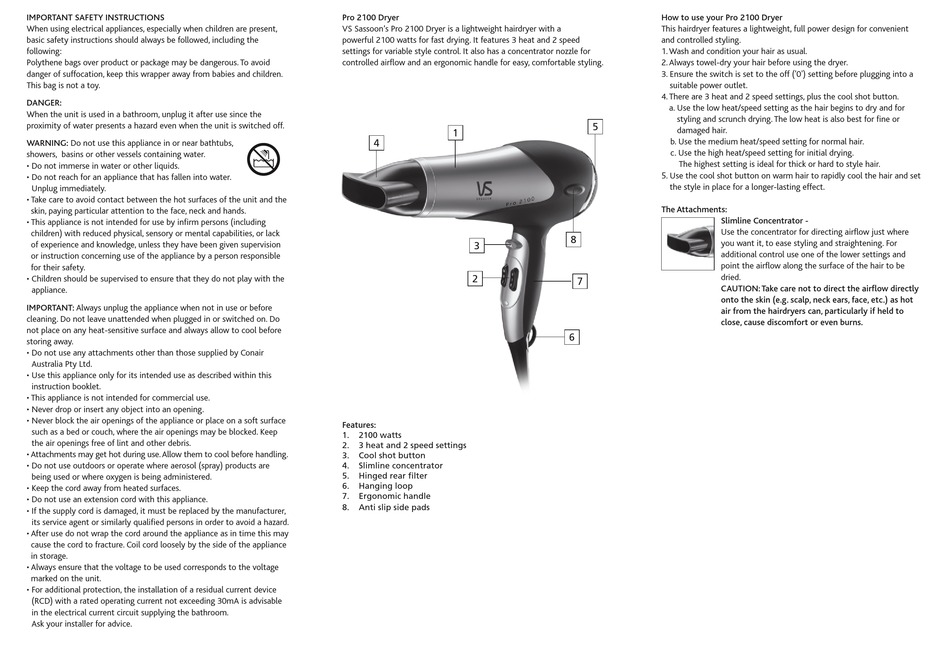 VS SASSOON PRO 2100 DRYER INSTRUCTION BOOKLET Pdf Download ManualsLib