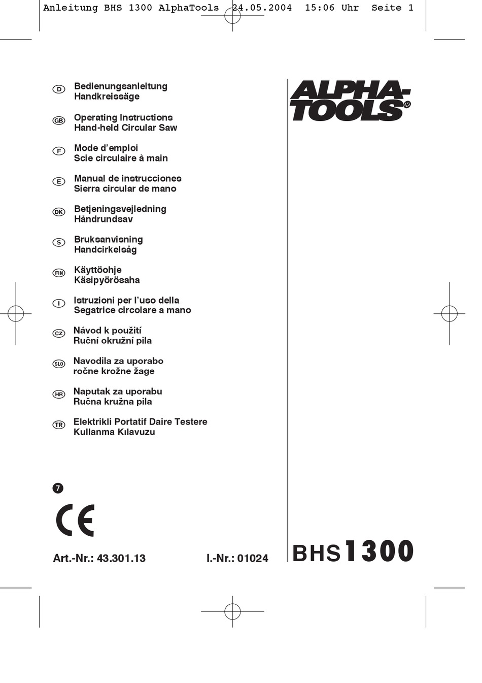 ALPHA TOOLS BHS1300 OPERATING INSTRUCTIONS MANUAL Pdf Download ManualsLib