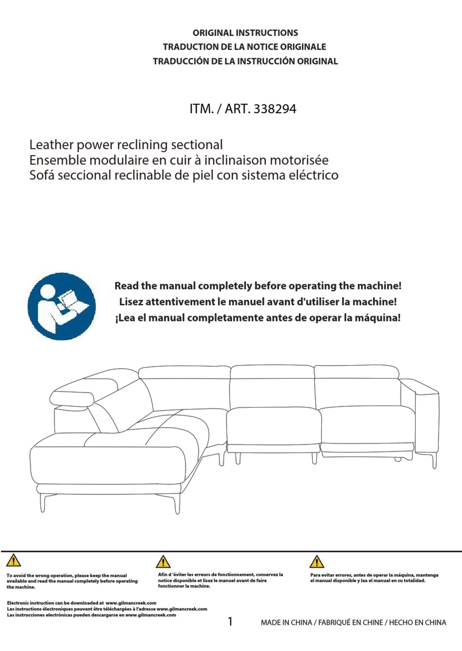 COSTCO LEATHER POWER RECLINING SECTIONAL 338294 ORIGINAL INSTRUCTIONS