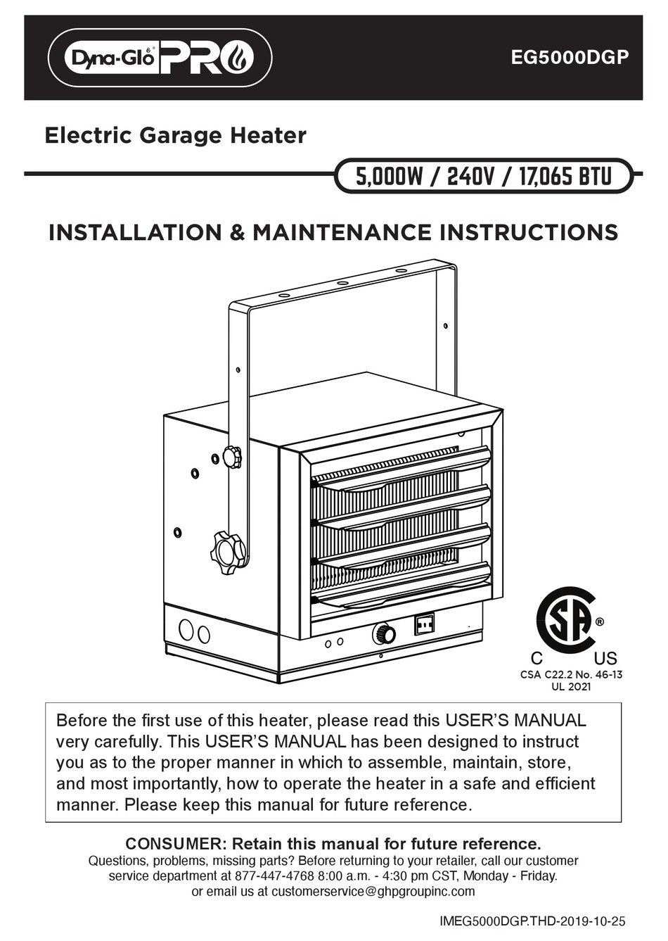 DYNAGLO EG5000DGP INSTALLATION & MAINTENANCE INSTRUCTIONS MANUAL Pdf