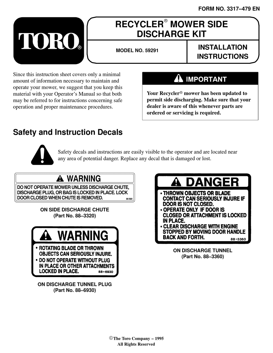 TORO RECYCLER 59291 INSTALLATION INSTRUCTIONS MANUAL Pdf Download