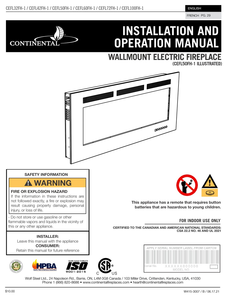 CONTINENTAL REFRIGERATOR CEFL50FH1 INSTALLATION AND OPERATION MANUAL