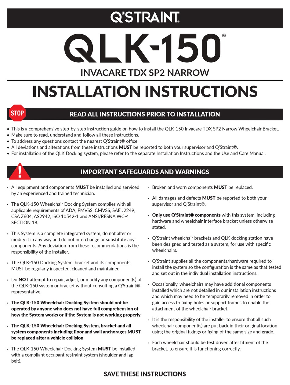 Q'STRAINT QLK150 INSTALLATION INSTRUCTIONS MANUAL Pdf Download