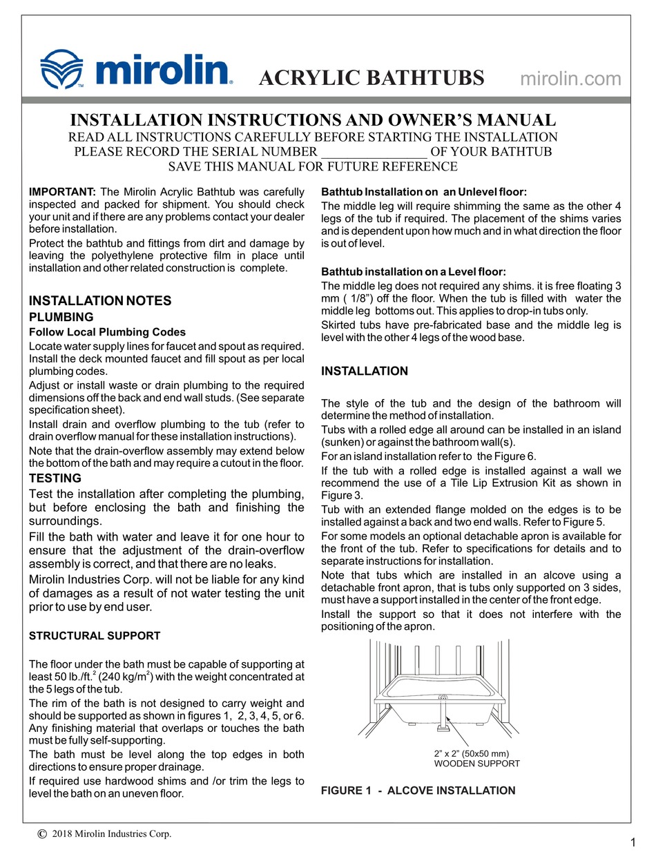 MIROLIN TUCSON TA6032L INSTALLATION INSTRUCTIONS AND OWNER'S MANUAL Pdf