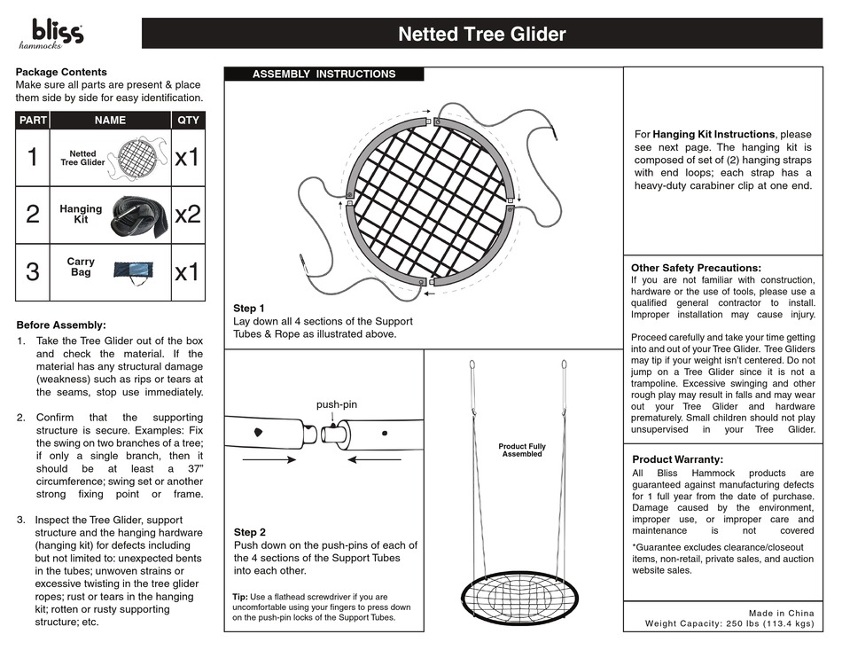 BLISS HAMMOCKS NETTED TREE GLIDER ASSEMBLY INSTRUCTIONS Pdf Download