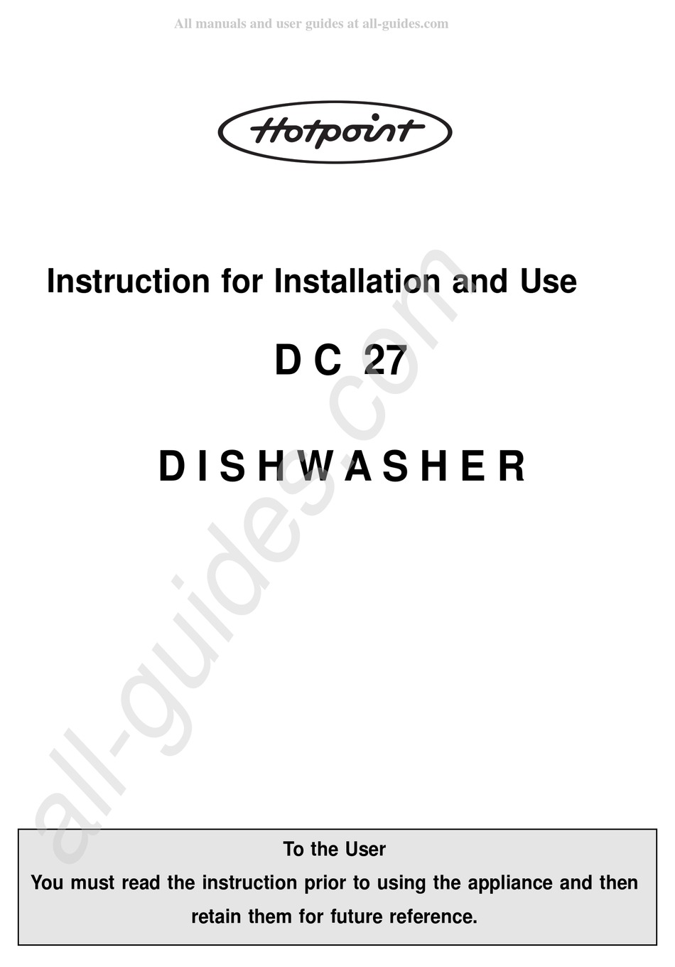 HOTPOINT D C 27 INSTRUCTIONS OF INSTALLATION Pdf Download ManualsLib