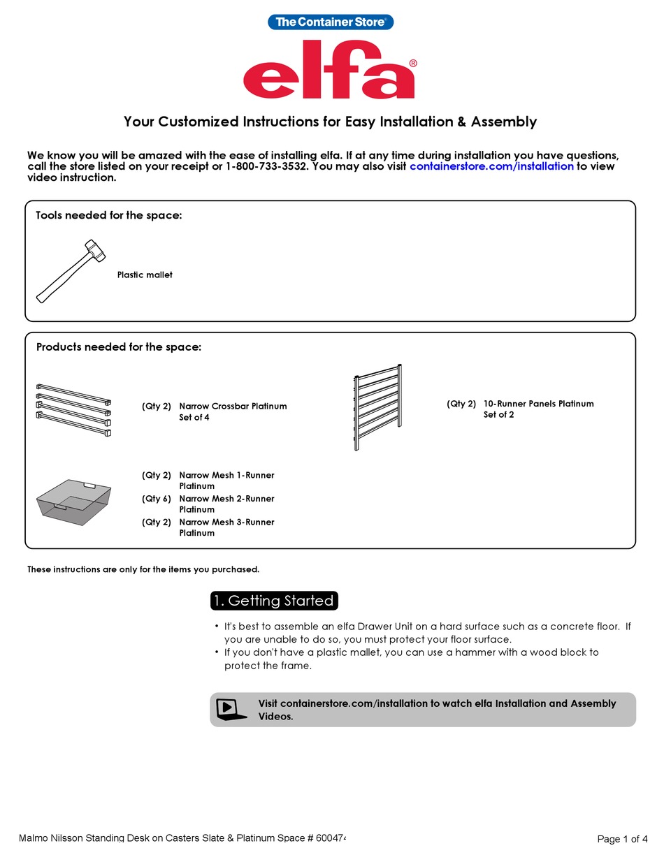ELFA PLATINUM & SLATE MOVABLE STANDING DESK INSTRUCTIONS FOR EASY INSTALLATION & ASSEMBLY Pdf