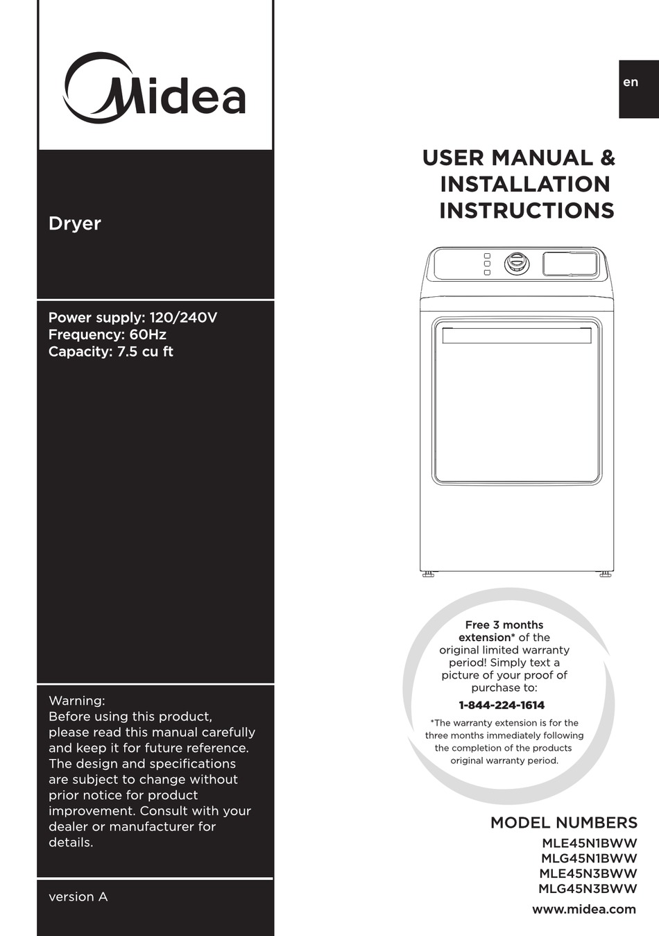 MIDEA MLE45N1BWW USER'S MANUAL & INSTALLATION INSTRUCTIONS Pdf Download ...