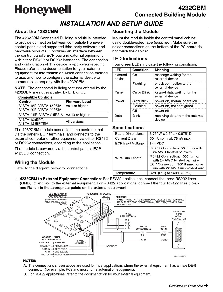 HONEYWELL 4232CBM INSTALLATION AND SETUP MANUAL Pdf Download