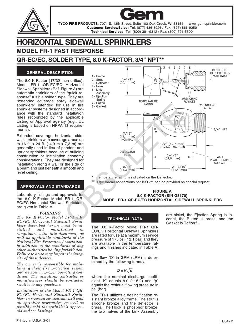 TYCO FIRE PRODUCT GEM FR1 INSTRUCTION MANUAL Pdf Download ManualsLib