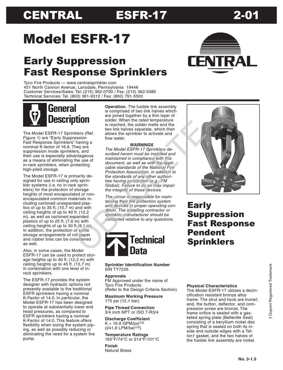 TYCO FIRE PRODUCT CENTRAL ESFR17 INSTRUCTION MANUAL Pdf Download