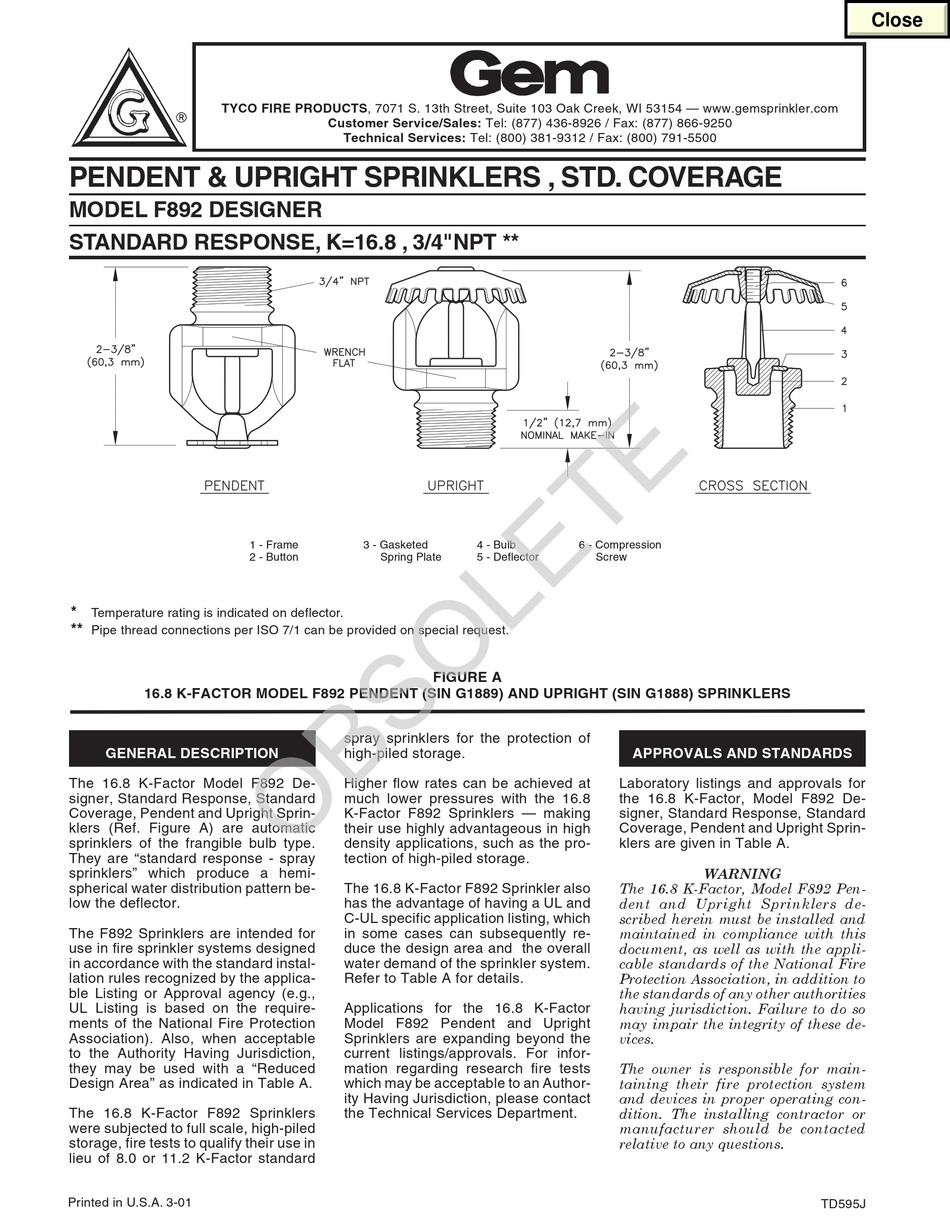 TYCO FIRE PRODUCT GEM F892 INSTRUCTION MANUAL Pdf Download ManualsLib