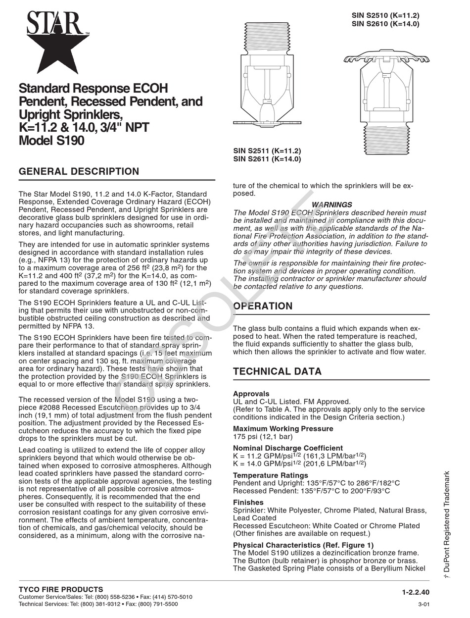 TYCO FIRE PRODUCT STAR S190 INSTRUCTION MANUAL Pdf Download | ManualsLib