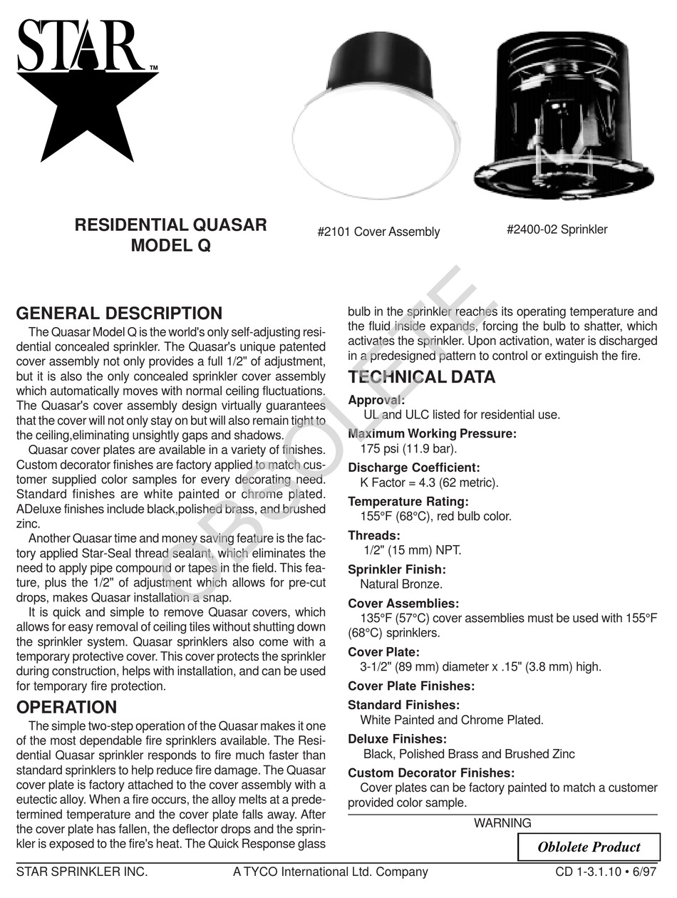 TYCO FIRE PRODUCT STAR QUASAR Q INSTRUCTION MANUAL Pdf Download ...