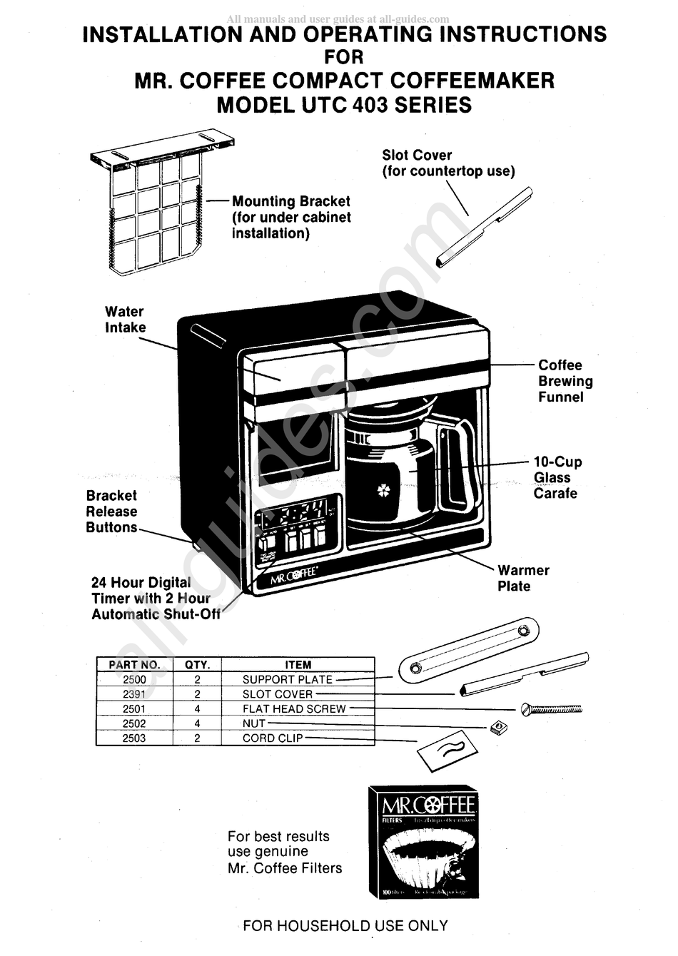 MR. COFFEE UTC 403 SERIES INSTALLATION AND OPERATING INSTRUCTIONS