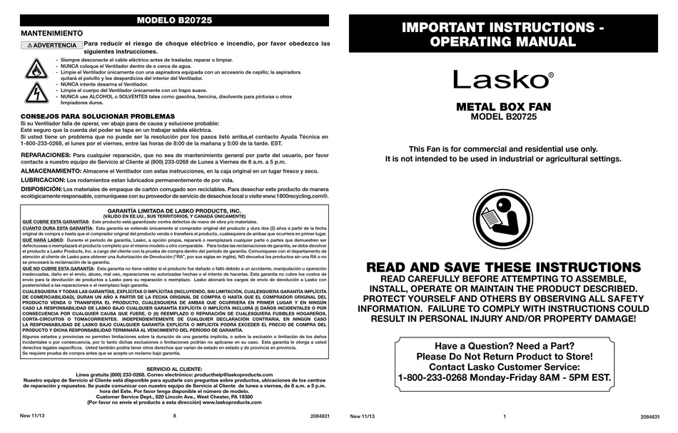 LASKO B20725 IMPORTANT INSTRUCTIONS & OPERATING MANUAL Pdf Download ...