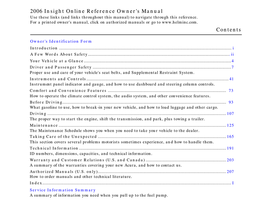 HONDA 2006 INSIGHT OWNER'S MANUAL Pdf Download | ManualsLib