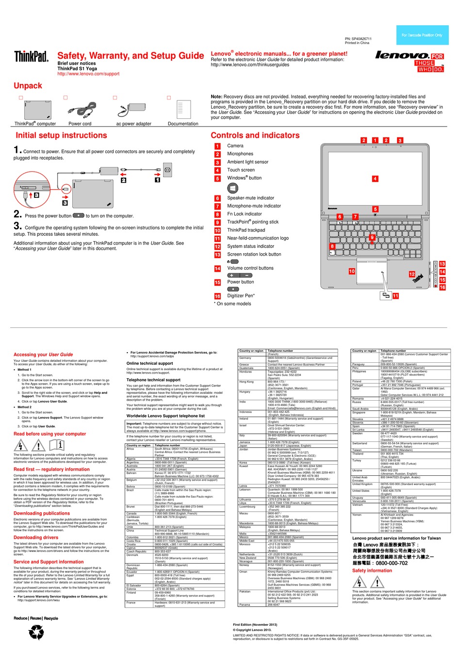 LENOVO THINKPAD S1 YOGA SAFETY, WARRANTY, AND SETUP MANUAL Pdf Download
