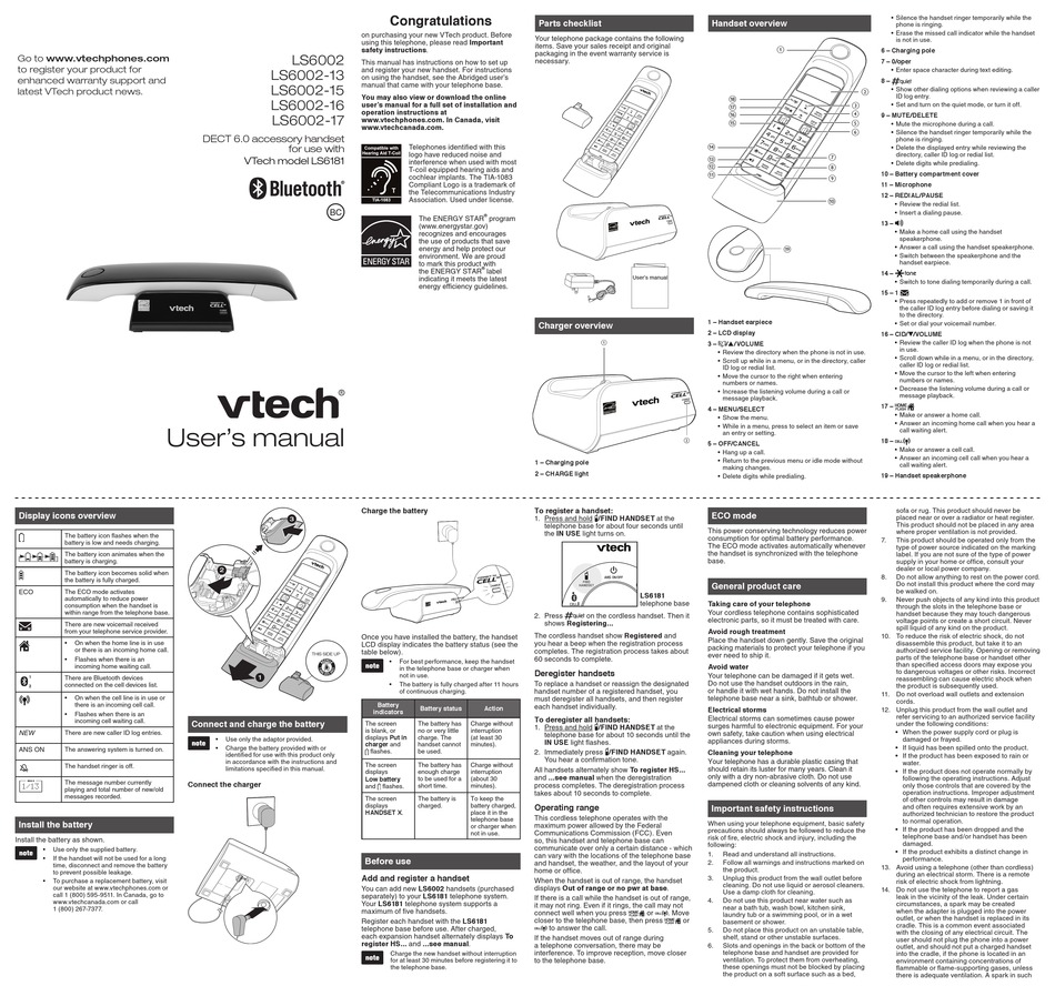 VTECH LS6002 USER MANUAL Pdf Download | ManualsLib