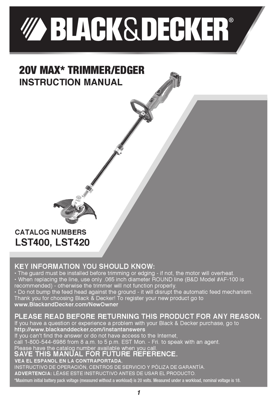 Black & Decker 20V Max String Trimmer/Edger LST400, .065 in Line Diameter,  12 in Cut Diameter