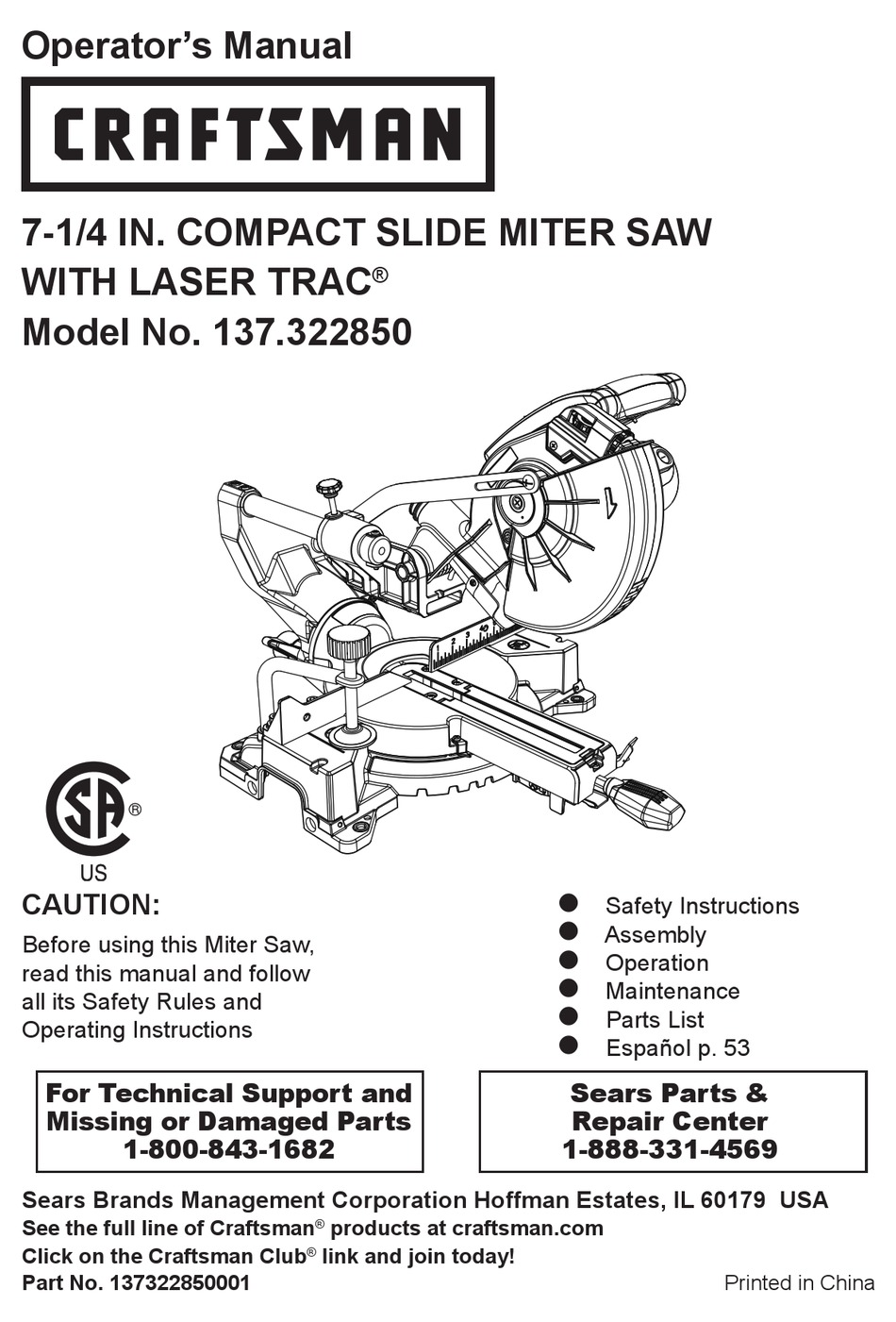 CRAFTSMAN 137.322850 OPERATOR'S MANUAL Pdf Download ManualsLib
