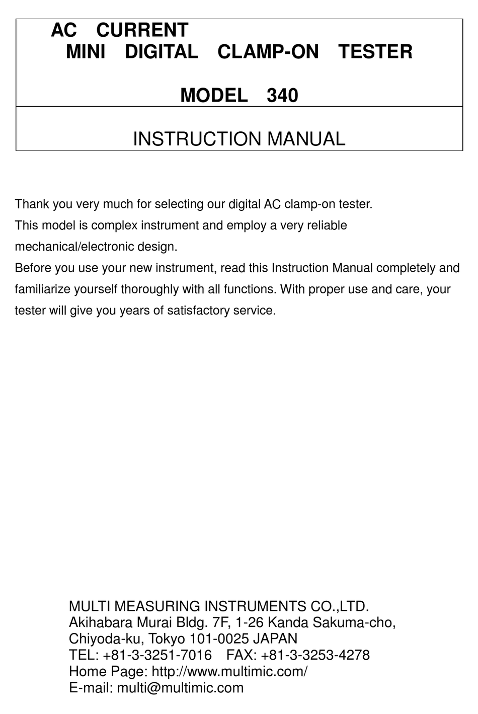 MULTI MEASURING INSTRUMENTS 340 INSTRUCTION MANUAL Pdf Download