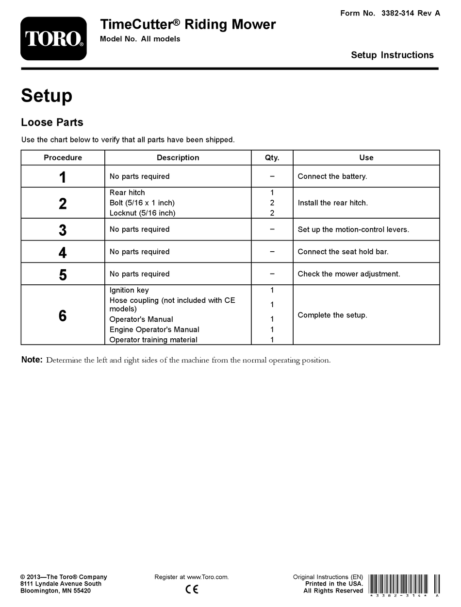 TORO TIMECUTTER SERIES SETUP INSTRUCTIONS Pdf Download ManualsLib