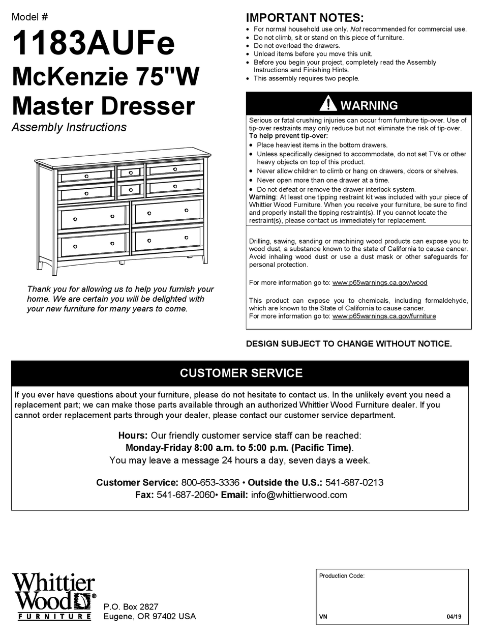 WHITTIER WOOD 1183AUFE ASSEMBLY INSTRUCTIONS MANUAL Pdf Download