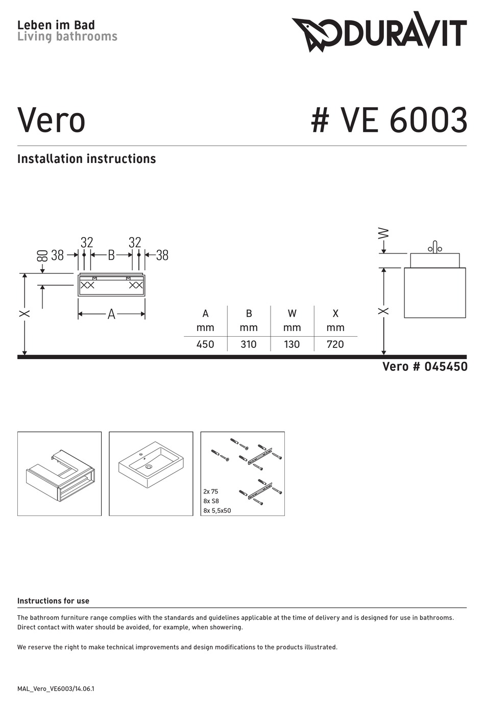 DURAVIT VERO VE 6003 INSTALLATION INSTRUCTIONS Pdf Download ManualsLib