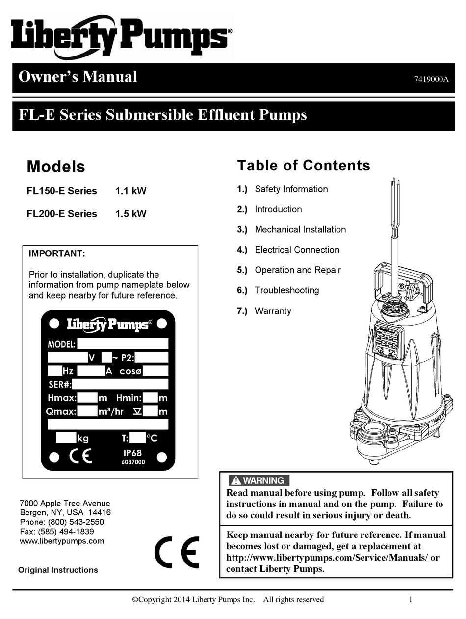 LIBERTY PUMPS FL152M3E OWNER'S MANUAL Pdf Download ManualsLib