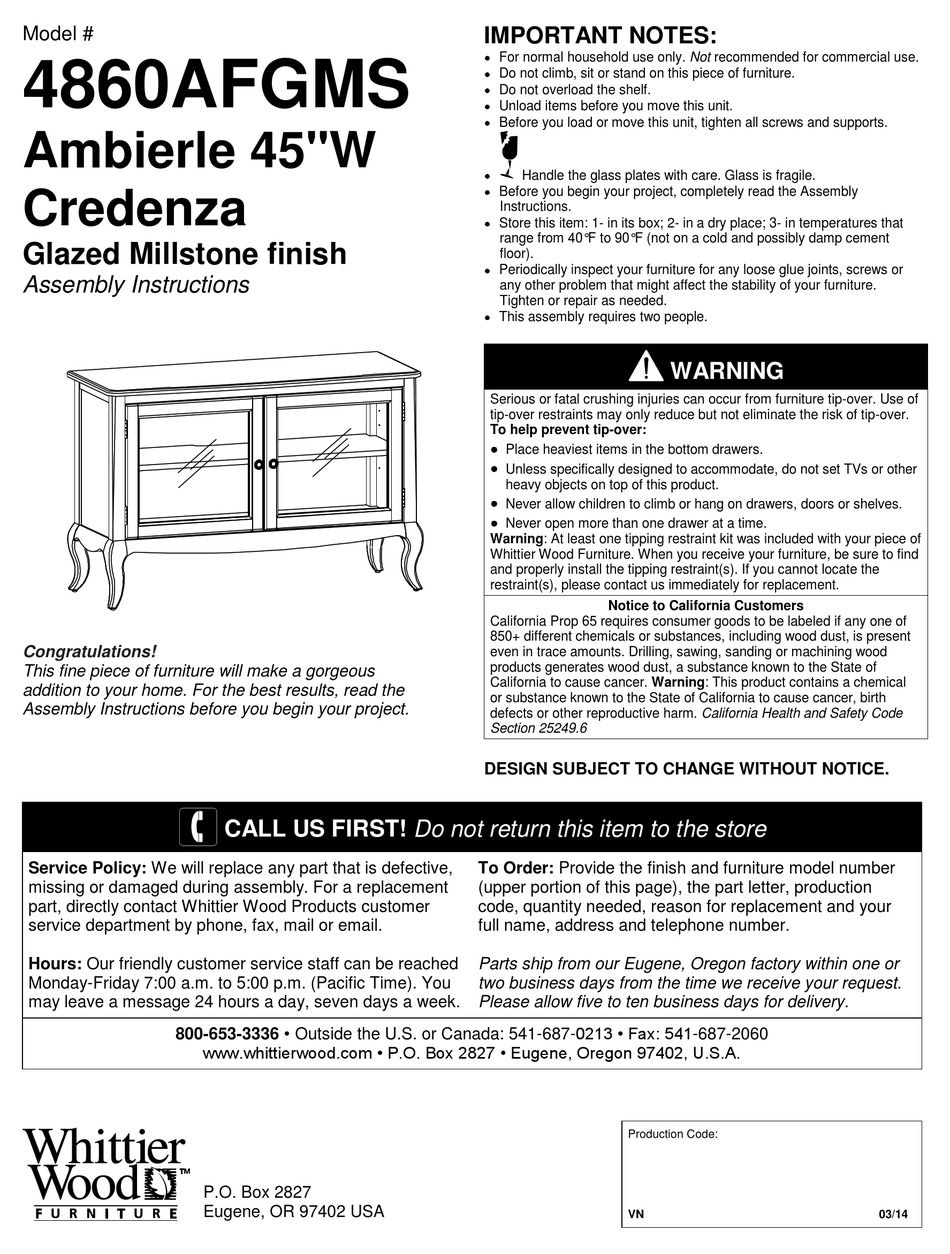 WHITTIER WOOD 4860AFGMS ASSEMBLY INSTRUCTIONS Pdf Download ManualsLib