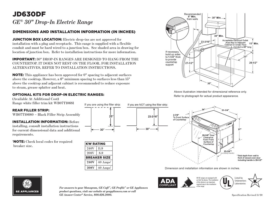 GE JD630DF DIMENSIONS AND INSTALLATION INFORMATION Pdf Download