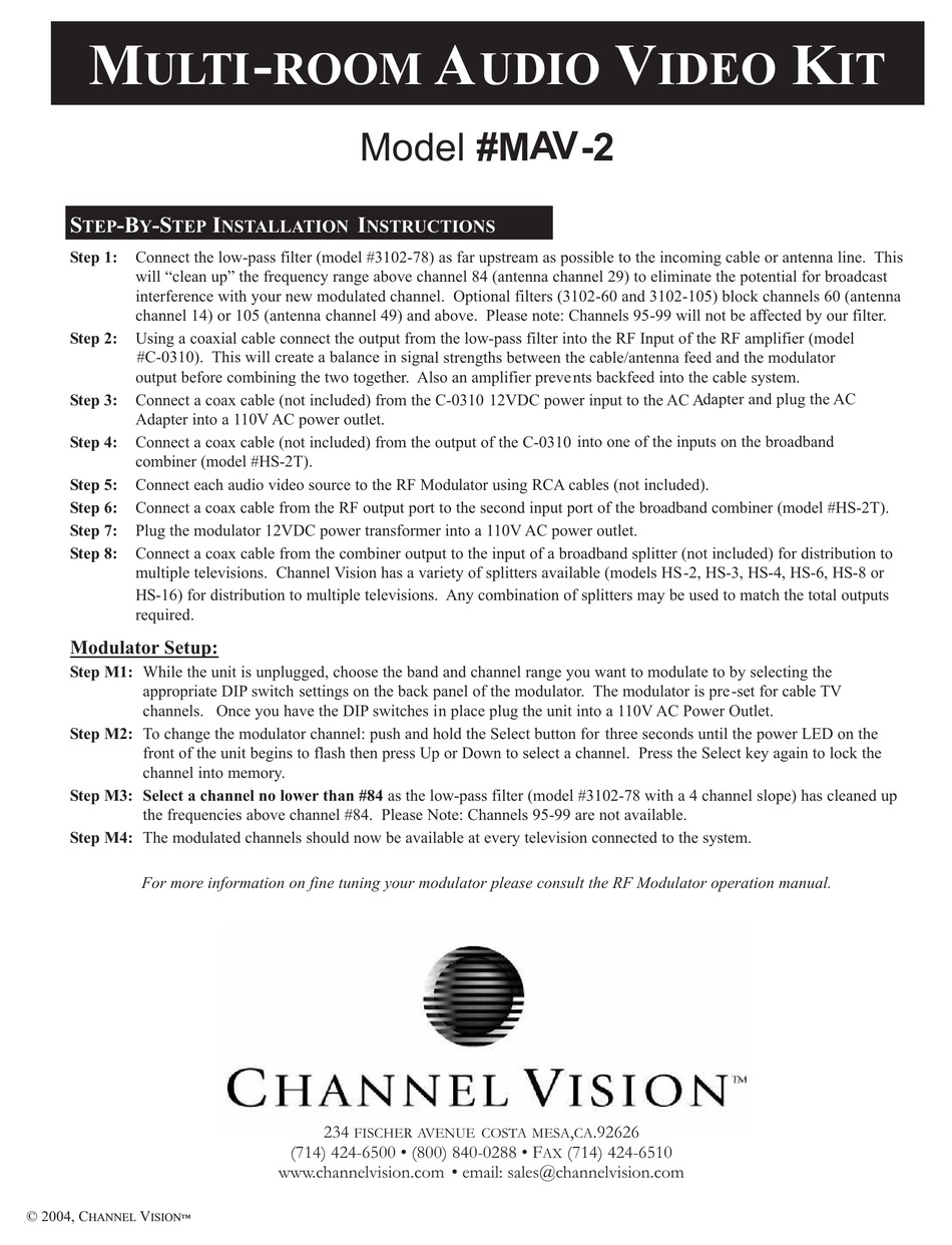 CHANNEL VISION MAV2 STEP BY STEP INSTALLATION INSTRUCTIONS Pdf
