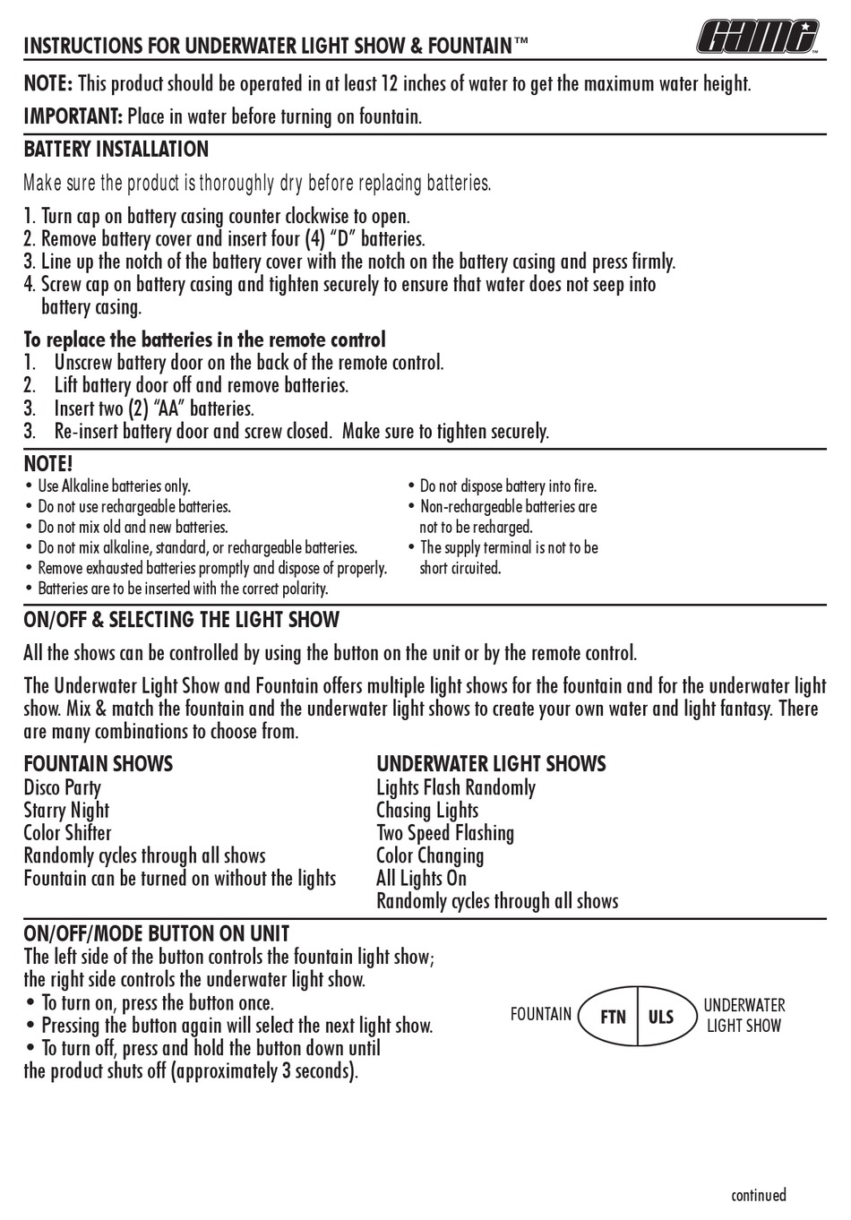 GAME UNDERWATER LIGHT SHOW & FOUNTAIN INSTRUCTIONS Pdf Download