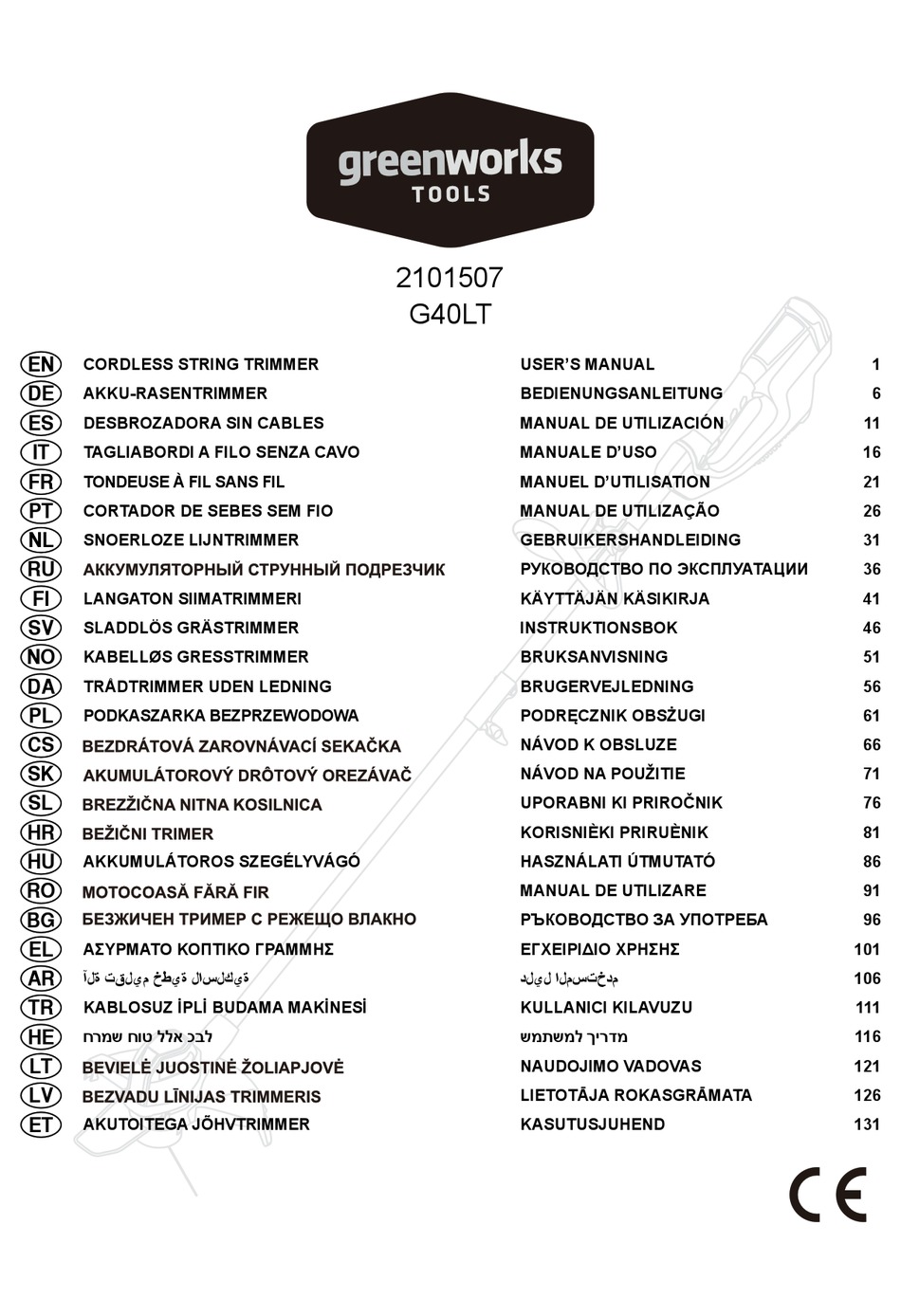 GREENWORKS TOOLS G40LT USER MANUAL Pdf Download ManualsLib